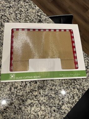 Glass Cutting Board with Red Check Trim